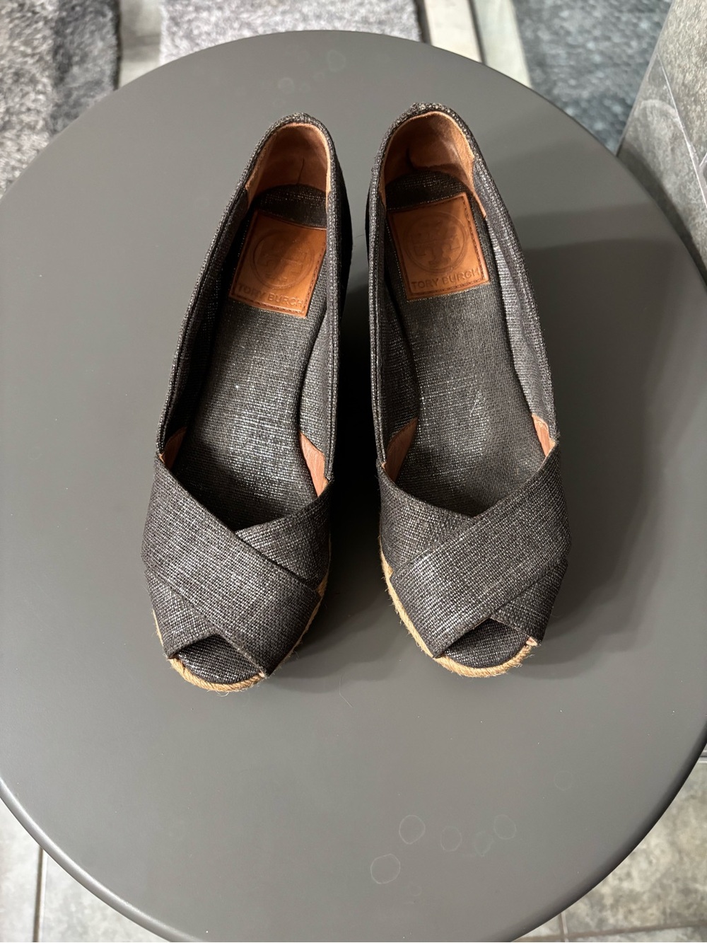 Tory Burch Black Peep-Toe Espadrille Wedge Sandals Size 6.5